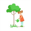 Girl Watering Tree Helping In Eco-Friendly Gardening Outdoors Part Of Kids And Nature Series