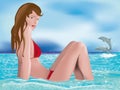 Girl among waves with dolphins Royalty Free Stock Photo