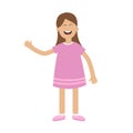 Girl waving hand Isolated. Happy child. Cute cartoon laughing character in violet dress.