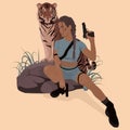 Girl with weapons and a tiger on a stone