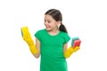 Girl wear protective gloves for cleaning hold sponges white background. Housekeeping duties. Household concept. Helpful
