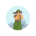 Girl wear scout uniform looks through binoculars, vector cartoon summer camp scout on mountains scenery, explorer