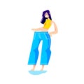 Girl wearing big jeans after weight loss. Slim cartoon female in oversize pants