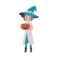 A girl wearing a bright witch outfit is holding a pumpkin. Halloween is a special theme or topic. Cartoon style, Vector