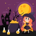 A girl wearing cute cat costume with chemical pot in the night of halloween