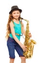 Girl wearing hat and playing alto saxophone Royalty Free Stock Photo