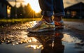 Girl wearing jeans and golden leather sneakers standing in the puddle. Walking after rain at sunset Royalty Free Stock Photo