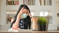 Girl wearing a mask and touching her head She works at home to protect against the Covid-19 virus