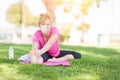 Girl Wearing Medical Face Mask During Workout Outdoors Royalty Free Stock Photo