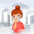 Girl wearing N95 mask. Young woman wear protect face masks, outdoor PM 2. 5 air pollution and breath protection vector Royalty Free Stock Photo