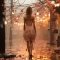 girl wearing a pink dress walks by the street in an alley on a rainy night, light orange, fanciful, japanese dreamlike Royalty Free Stock Photo