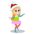 The girl is wearing a Santa Claus hat. The child is happy and jumping. Character design.