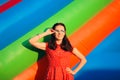 Retro Woman at Garden Party Near Bouncy House Royalty Free Stock Photo