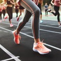 girl wearing sport shoe runs on track race in the public park