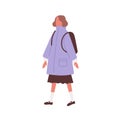 Girl wearing violet coat. Faceless female character walking with backpack. Schoolgirl in warm outwear. Flat vector