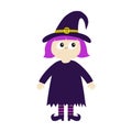 Girl wearing Witch costume curl hat. Happy Halloween. Cartoon funny spooky baby magic character. Cute head face. Greeting card. Fl Royalty Free Stock Photo