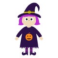 Girl wearing Witch costume curl hat. Orange pumpkin. Happy Halloween. Cartoon funny spooky baby magic character. Cute head face. G Royalty Free Stock Photo