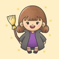 Girl wearing witch dress holding magic broom halloween costume cartoon hand drawn style