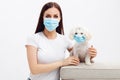 Girl wears disposable mask hugs her puppy. Dog wears disposable mask too