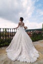 A girl in wedding dress stands and looks at the city, in front of her is a city landscape, a beautiful large train on the dress