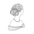 Girl in wedding hair style with flowers from the back, hand drawn vector illustration