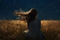 Girl wheat field stars sky. Generate Ai Royalty Free Stock Photo