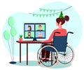 A girl in a wheelchair accepts congratulations from friends via video conferencing. Disabled girl Royalty Free Stock Photo