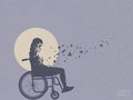 Girl in wheelchair. Death and afterlife. Bird fly. Abstract silhouette Royalty Free Stock Photo