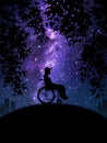 Girl in wheelchair at starry night. Disabled woman in park. Milky Way