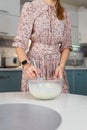 Girl whipping egg whites with manual whisk in bowl, making cream, mousse or meringue for dessert. Homemade pastry, delicious