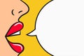 Girl says information with comic speech bubble. Pop art style illustration. Concept of advertisement, announcement of information