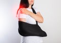 A girl on a white background with a black supporting medical bandage after a dislocation of the shoulder joint and a