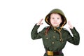 Girl on a white background, wearing military clothes and a hard hat, looks surprised