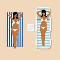 Girl in white bikini on the towel and deck chair illustration Royalty Free Stock Photo