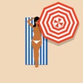 Girl in white bikini on the towel and umbrella illustration Royalty Free Stock Photo