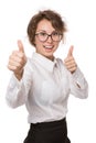 Girl in a white blouse stands on a white background, gestures, emotions on her face