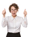 Girl in a white blouse stands on a white background, gestures, emotions on her face