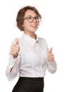 Girl in a white blouse stands on a white background, gestures, emotions on her face