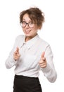 Girl in a white blouse stands on a white background, gestures, emotions on her face