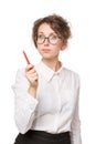 Girl in a white blouse stands on a white background, gestures, emotions on her face