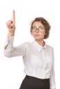 Girl in a white blouse stands on a white background, gestures, emotions on her face