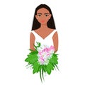 Girl in white with a bouquet of flowers in her hands, pretty afro woman with makeup, beautiful female avatar, vector
