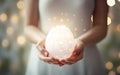 Girl in white dress holding white egg shaped lantern in hands. Happy Easter blurred background poster. Gold bokeh, AI Generative Royalty Free Stock Photo