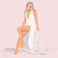 a girl in a white dress is sitting on a chair