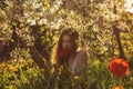 Girl in white dress smelling tulip in sunset, dandelions and cherry flowers Royalty Free Stock Photo