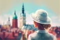 girl in a white hat admires Warsaw Poland. Generative AI, Generative, AI