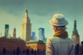 girl in a white hat admires Warsaw Poland. Generative AI, Generative, AI