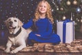 Girl and white labrador dog, christmas concept Royalty Free Stock Photo