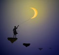 Girl with white moon standing on the flying rock, hold the moon on the sky, life on the flying rock, shadows, Royalty Free Stock Photo