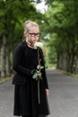 Girl with white rose mourning deceased on graveyard Royalty Free Stock Photo